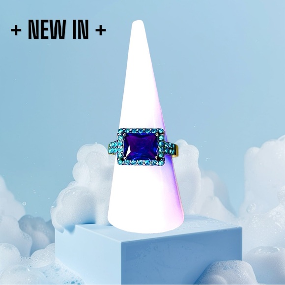 New Black Gold Plated Sterling Silver Square-Cut Lab-created amethysts Ring - Picture 4 of 8